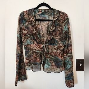 Wild Fable Snake Skin Print Brown And Blue Sheer Tie Front Top Size M